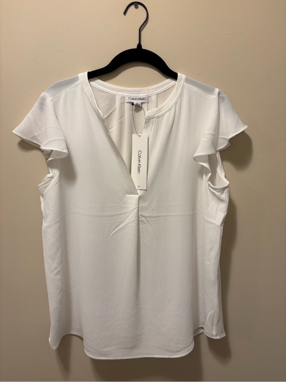 Calvin Klein White V-Neck Flutter Sleeve Blouse
